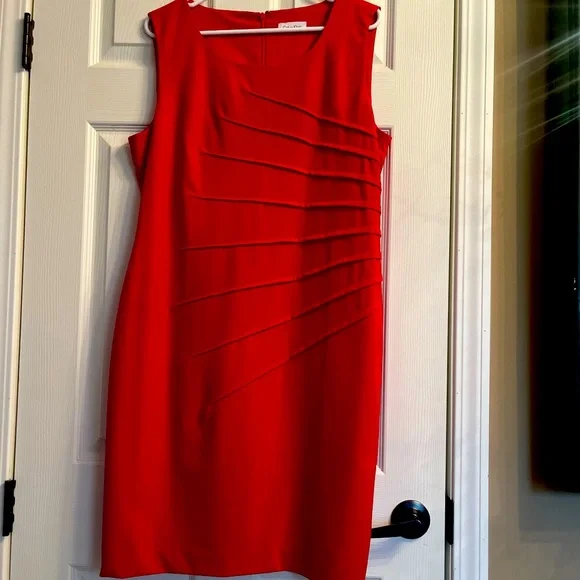 calvin klein red sleeveless dress Calvin Klein Red Asymmetrical Sheath Dress